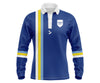 Custom blue long-sleeve school leaver with white and yellow stripes